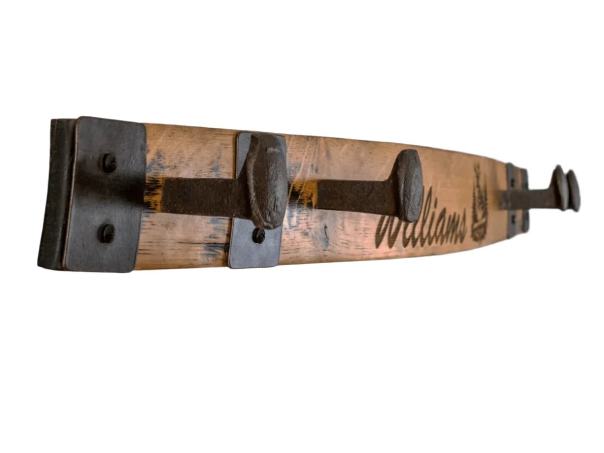 Personalized Whiskey Barrel Stave Coat Rack - Railroad Spikes and Hoop Accents