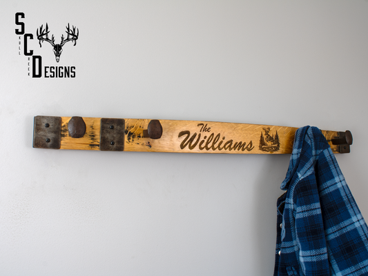 Personalized Whiskey Barrel Stave Coat Rack - Railroad Spikes and Hoop Accents