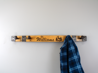 Personalized Whiskey Barrel Stave Coat Rack - Railroad Spikes and Hoop Accents