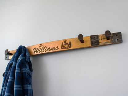 Personalized Whiskey Barrel Stave Coat Rack - Railroad Spikes and Hoop Accents