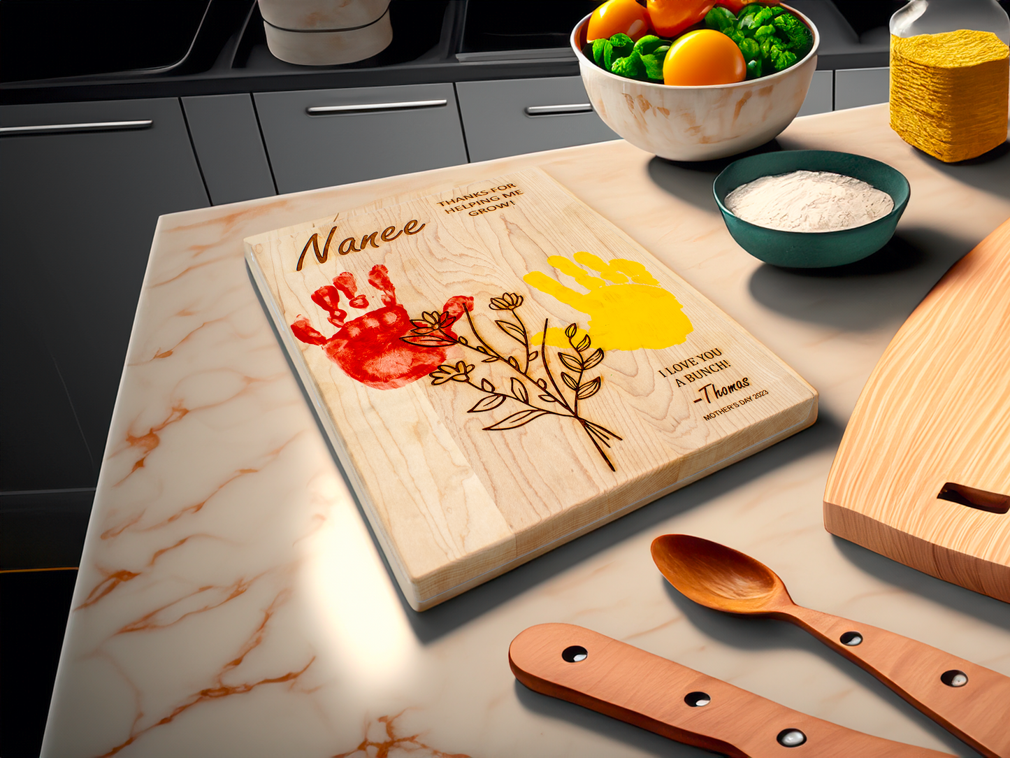 Personalized Handprint Flower Maple Cutting Board: A Heartfelt Thank You